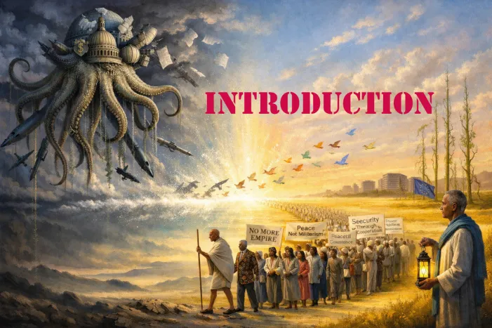 AI created illustration after an idea by Jan Oberg – the EU flag in the right background