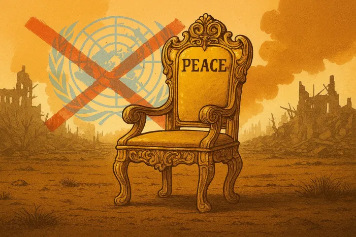 “The Peace Throne Is Empty and the UN Cancelled” • Illustration AI-generated by Jan Oberg